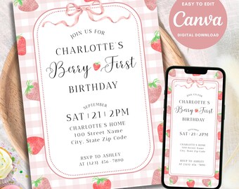 Berry First Birthday Invitation, Berry First Birthday Evite, Berry 1st Birthday, Berry First Birthday Invite, Birthday Flyer, Canva Template