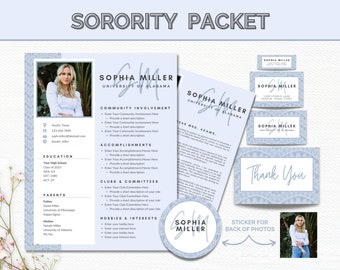 May include: A blue and white sorority recruitment packet with a photo of a woman and the text "Sophia Miller, University of Alabama". The packet includes a resume, a thank you card, and a sticker for the back of photos.