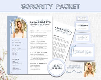 May include: A sorority recruitment packet with a blue and white color scheme. The packet includes a resume, a thank you card, and a sticker for photos. The text on the resume reads "Kara Roberts, University of Alabama".