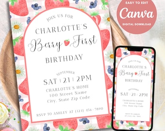 Berry First Birthday Invitation, Berry First Birthday Evite, Berry 1st Birthday, Berry First Birthday Invite, Birthday Flyer, Canva Template