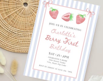 Berry First Birthday Invitation, Berry First Birthday Evite, Berry 1st Birthday, Berry First Birthday Invite, Birthday Flyer, Canva Template