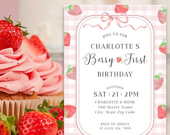 Berry First Birthday Invitation, Berry First Birthday Evite, Berry 1st Birthday, Berry First Birthday Invite, Birthday Flyer, Canva Template