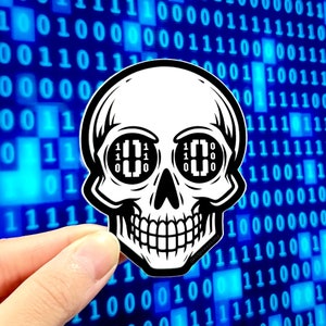 May include: A black and white sticker of a skull with binary code in the eye sockets. The skull is smiling and has a binary code background.