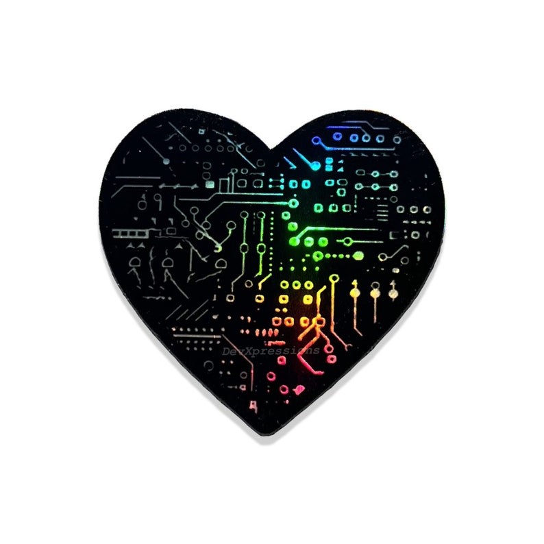 May include: A black heart-shaped sticker with a rainbow circuit board design. The circuit board is outlined in white and the rainbow colors are vibrant.