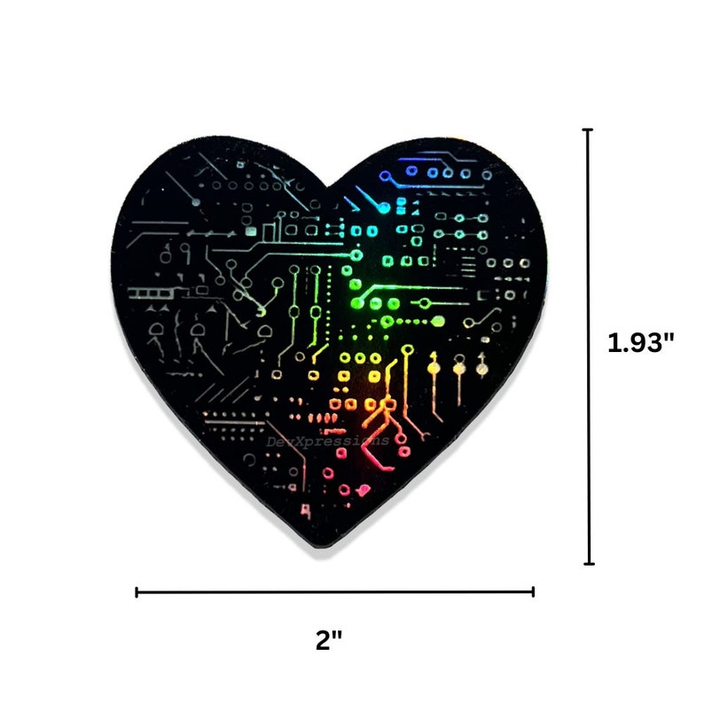 May include: A black heart-shaped sticker with a rainbow circuit board design. The sticker is 2 inches wide and 1.93 inches tall.