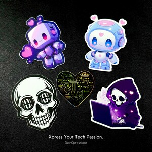 May include: A set of five stickers featuring a heart with a circuit board design, a skull with binary code for eyes, a robot with pink hearts, a robot with a heart and a blue and white color scheme, and a purple hooded figure with a skull face and a laptop.