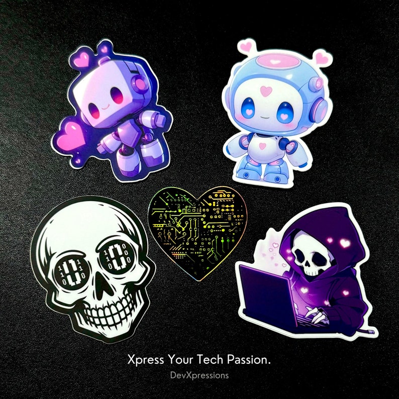 May include: A set of five stickers featuring a heart with a circuit board design, a skull with binary code for eyes, a robot with pink hearts, a robot with a heart and a blue and white color scheme, and a purple hooded figure with a skull face and a laptop.
