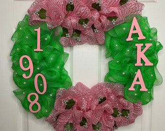 AKA Sorority Wreath, AKA Gift, AKA 1908 Decor, Pink and Green aka wreath