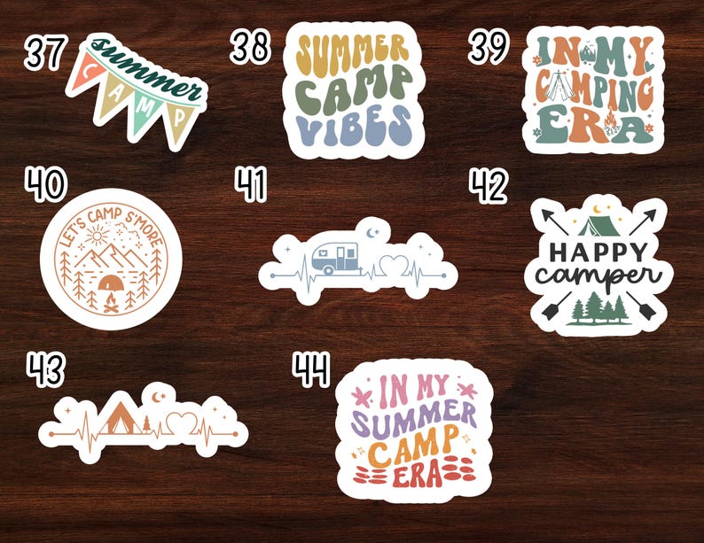 May include: A set of 10 camping themed stickers with various designs and colors. The stickers feature phrases like "Summer Camp Vibes", "In My Camping Era", and "Happy Camper".