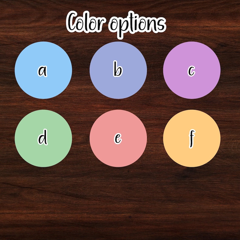 Puede incluir: Opciones de color para un producto, etiquetadas de la a a la f. Los colores son azul claro, morado, verde claro, melocot&oacute;n y amarillo.
