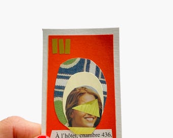 Handmade Mini Collage Art: Metallic Gold & French Text, 8x5 cm