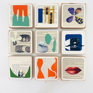 May include: Nine square art pieces with collaged elements. Each features a different design, including abstract shapes, images, and text fragments on a vintage book page background. Colors include orange, blue, green, and gold.