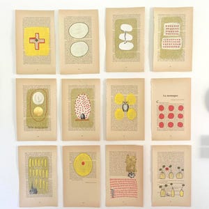 Original wall art set of 12 on antique book’s pages | Mixed media artwork