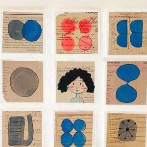 Set di acquerelli con tecnica mista su vecchi documenti - 9 mini opere d'arte, 8 x 8 cm