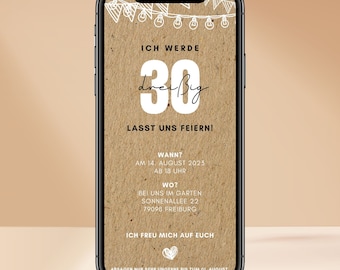 Personalisierte Digitale Geburtstagseinladung | Einladung | Geburtstag | Whatsapp | Runder Geburtstag | 30 40 50 60 70 | Boho Kraftpapier