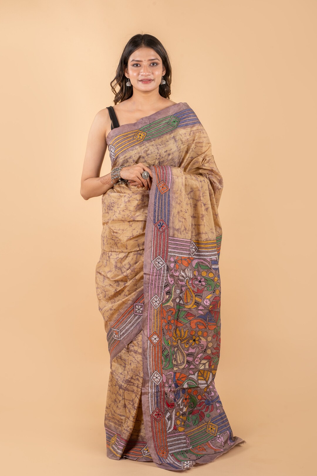 Hand Embroidered Reverse Kantha Stitch Saree With Blouse Piece Etsy