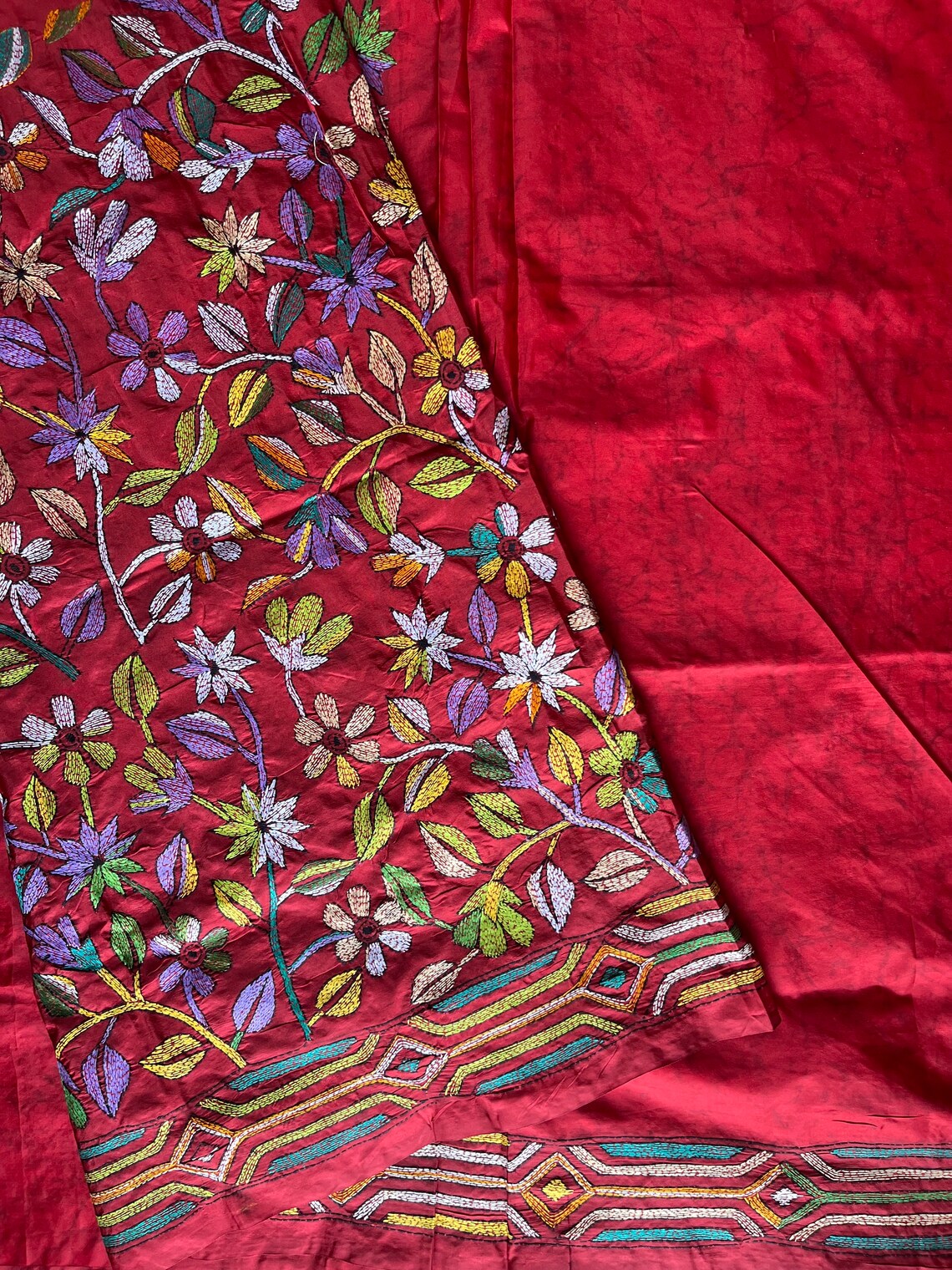 Red - Bengal Kantha Hand Embroidery Silk Cotton Chapa Work Saree 14