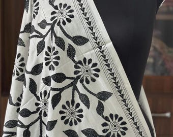 Off White Kantha Stitch Hand Embroidary Full Work Blended Banglore Silk Dupatta 44″