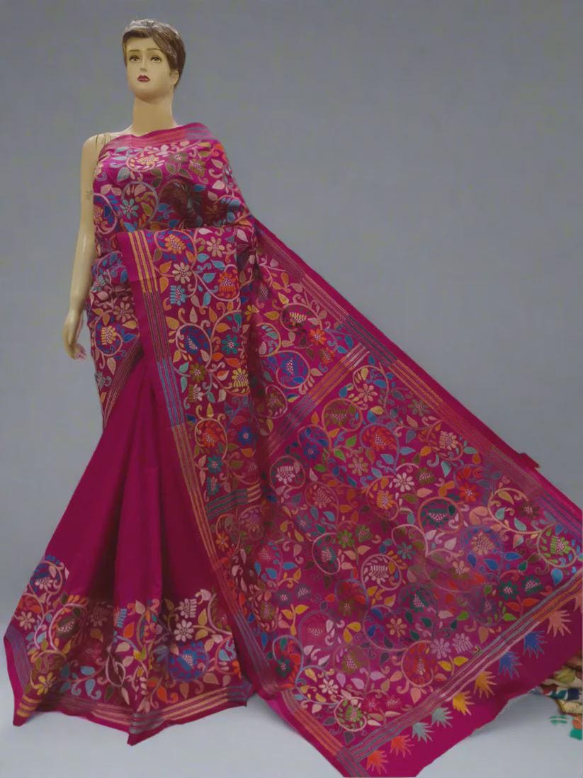 Kantha Stitch Hand Embroidered Pure Banglore Silk Batik Saree (Silk Marked) | Kantha Hand Work / Party Wedding Wear