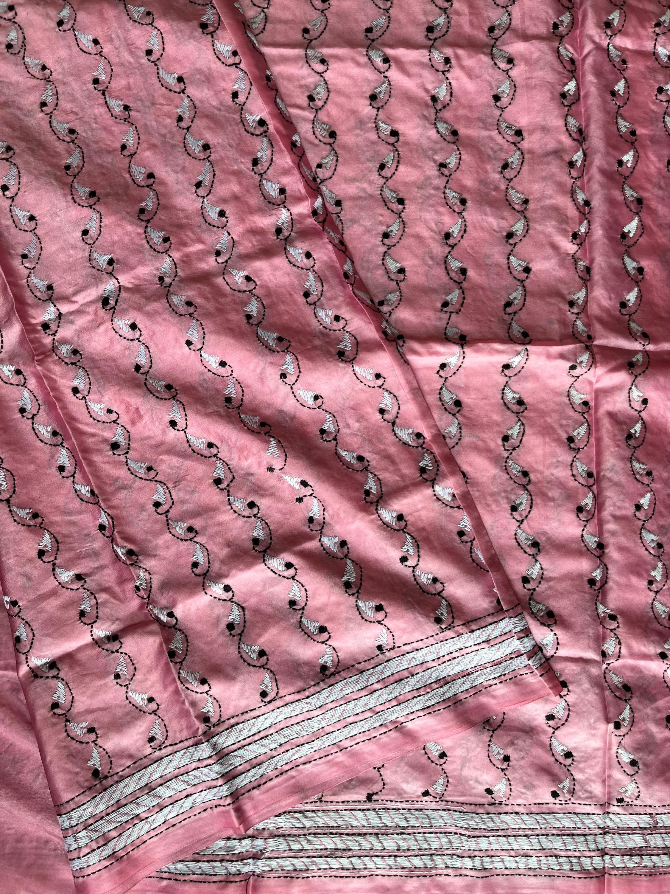 Kantha embroidered Handloom Half-and-Half Saree with Ethnic Indie Print in pleats