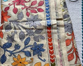 Multicolored Hand Embroidered Kantha Stitch Silk Dupatta | Semi Tussar Silk Dupatta | Silk Shawls for Weddings | Kantha Dupatta/Kantha stole