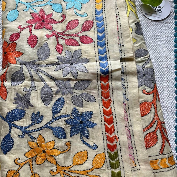 Multicolored Hand Embroidered Kantha Stitch Silk Dupatta | Semi Tussar Silk Dupatta | Silk Shawls for Weddings | Kantha Dupatta/Kantha stole