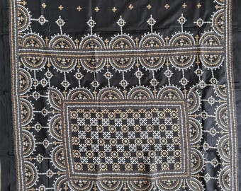 Black Hand Embroidered Gujrati Stitch Saree with Blouse piece | Blended Bangalore Silk Saree | Gujarati / Kutch /Sindhi Embroidery