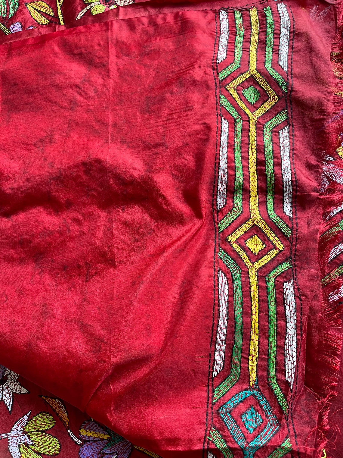 Red - Bengal Kantha Hand Embroidery Silk Cotton Chapa Work Saree 49