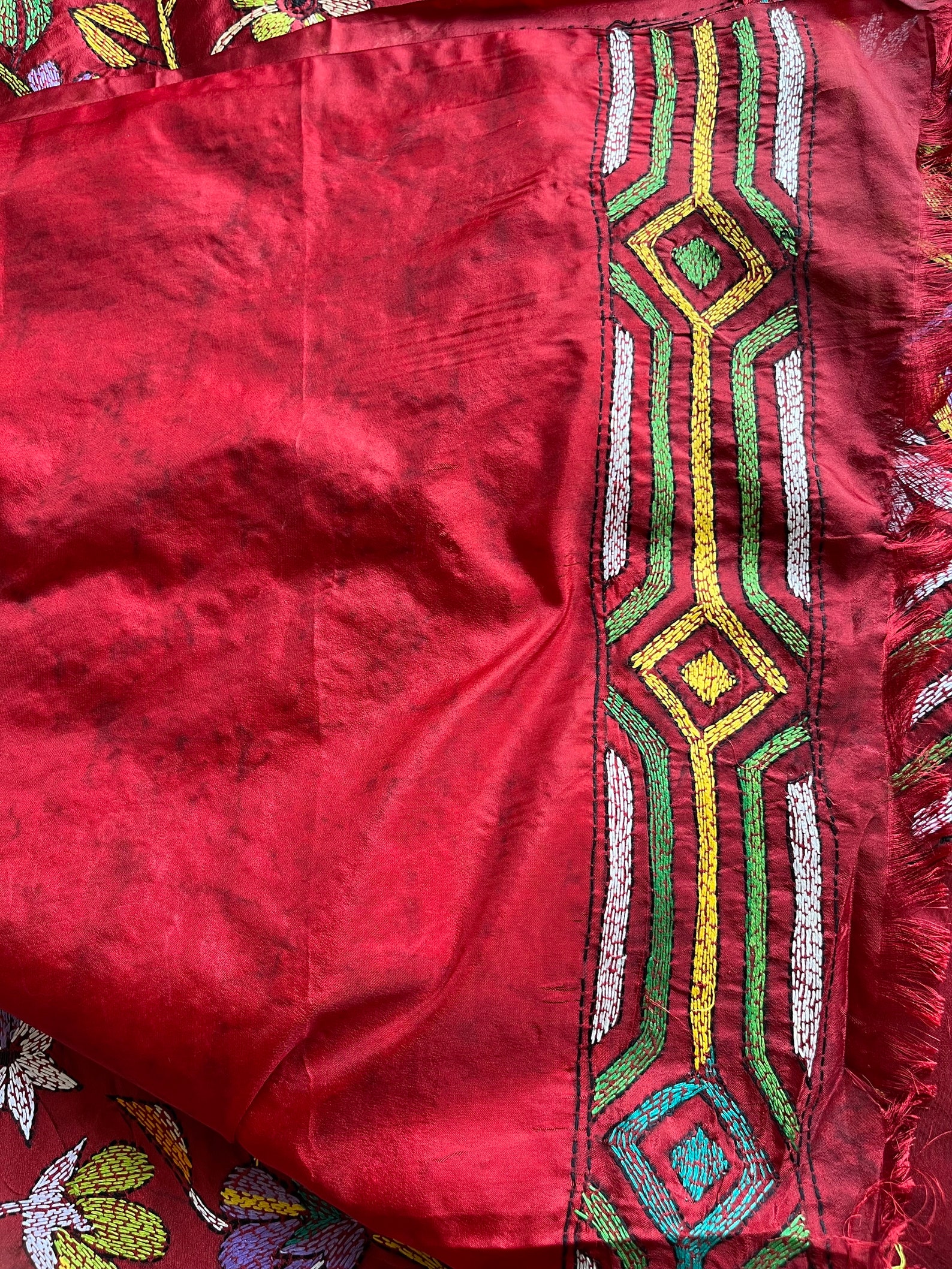 Red - Bengal Kantha Hand Embroidery Silk Cotton Chapa Work Saree 51