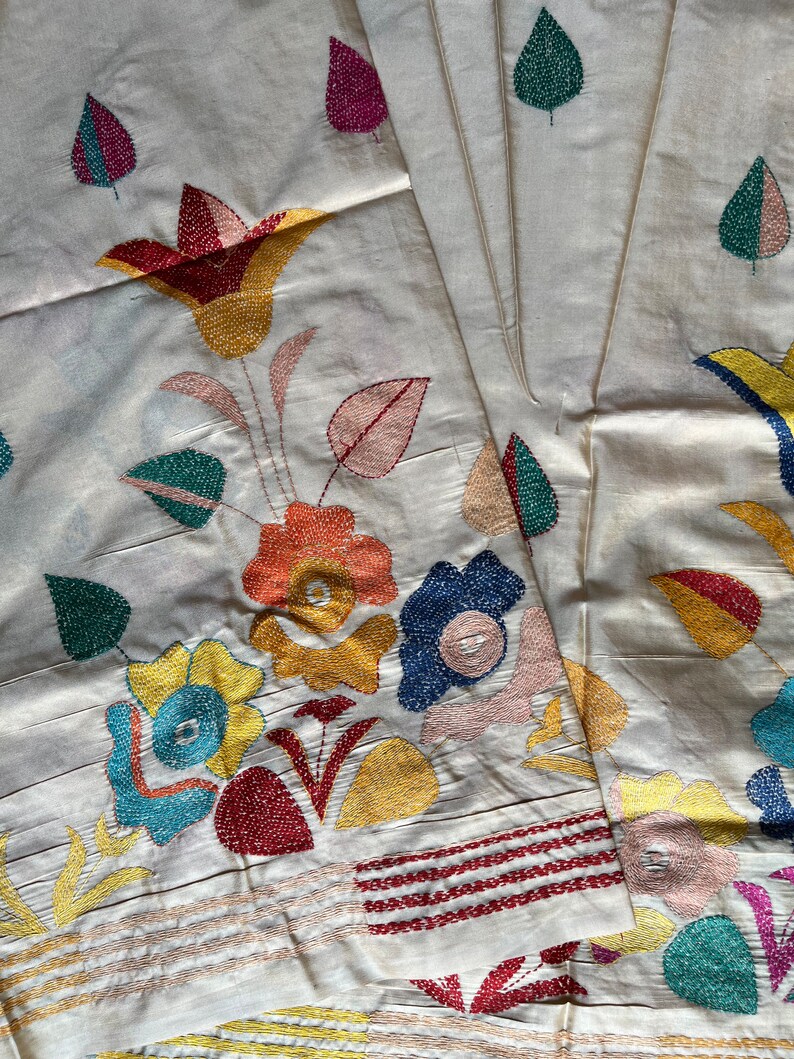 Blue - Bengal Nakshi Kantha Hand Embroidered Silk Saree 34