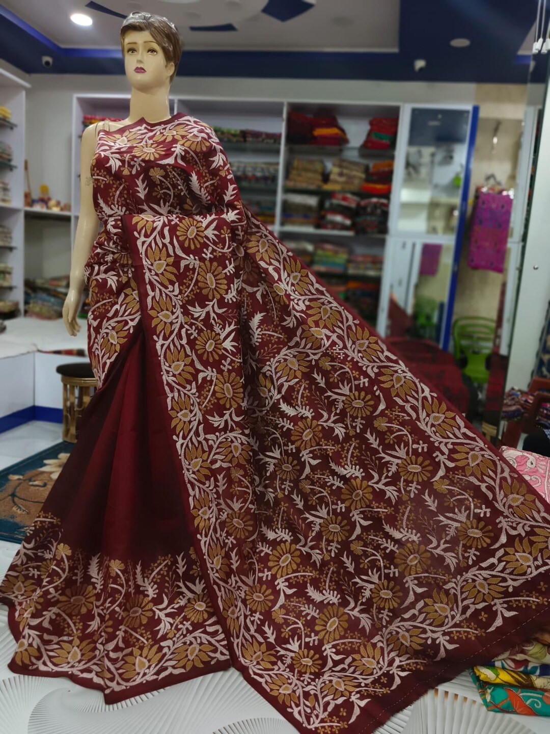 Beige Handloom Half-and-Half Saree with Kantha embroidered pallu and Ethnic Indie Print