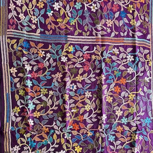 Hand Embroidered Kantha Stitch Pure Silk Saree: Wedding Party Wear