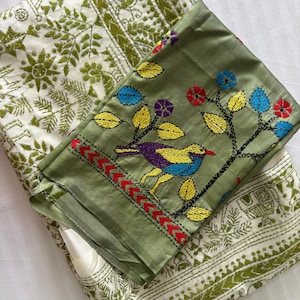 Hand Embroidered Kantha Stitch Saree with Blouse piece | Blended Bangalore Silk Saree | Kantha Hand Work / party wear saree