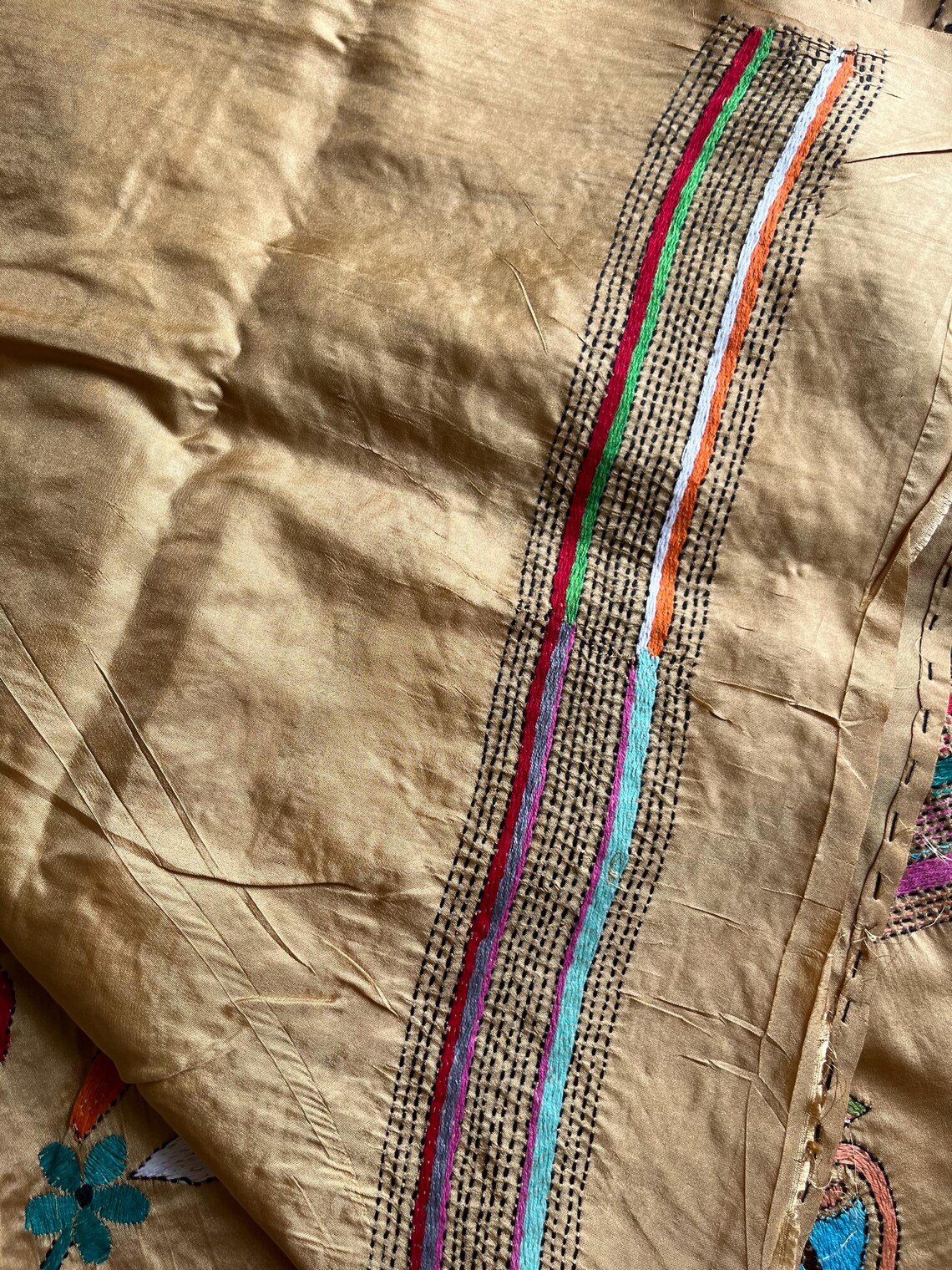 Multicolor - Patchwork Reversible Silk Bengal Hand Kantha Stitch Stole 34
