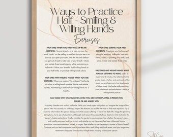May include: A printable poster with a peach background and brown text. The poster features a list of exercises for practicing half-smiling and willing hands. The title is "Ways to Practice Half-Smiling & Willing Hands Exercises".