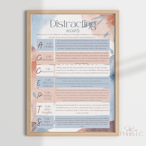 Può includere: Un poster stampabile con uno sfondo acquerellato rosa e blu. Il poster presenta un elenco di modi per distrarsi dalle emozioni difficili, come impegnarsi in attività, contribuire agli altri, fare confronti, impegnarsi in movimenti diversi, allontanare i pensieri, distrarre con altri pensieri e impegnarsi in altre sensazioni.
