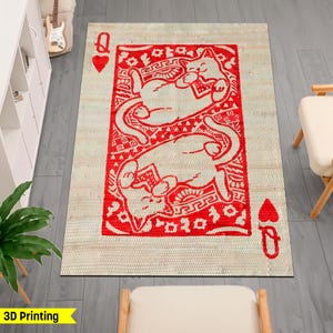 3D-print vloerkleed natuurlijke jute-look – boho kattentapijt met Griekse sleutel en vintage casinospeelkaartontwerp – gezellig cadeau voor woonkamer, slaapkamer