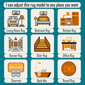 May include: A graphic illustration of nine different types of rugs, including a living room rug, bedroom rug, kitchen rug, runner rug, stair rug, office rug, doormat, bath mat, and round rug. Each rug is depicted in a simple, cartoon-like style with a variety of colors and patterns.