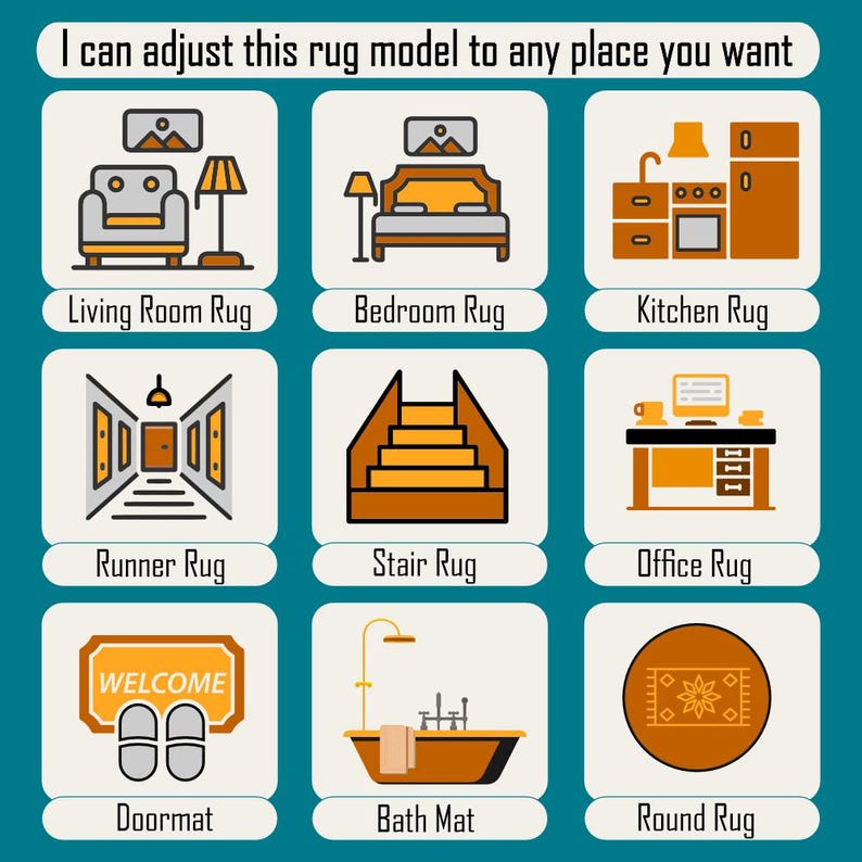 May include: A graphic illustration of nine different types of rugs, including a living room rug, bedroom rug, kitchen rug, runner rug, stair rug, office rug, doormat, bath mat, and round rug. Each rug is depicted in a simple, cartoon-like style with a variety of colors and patterns.