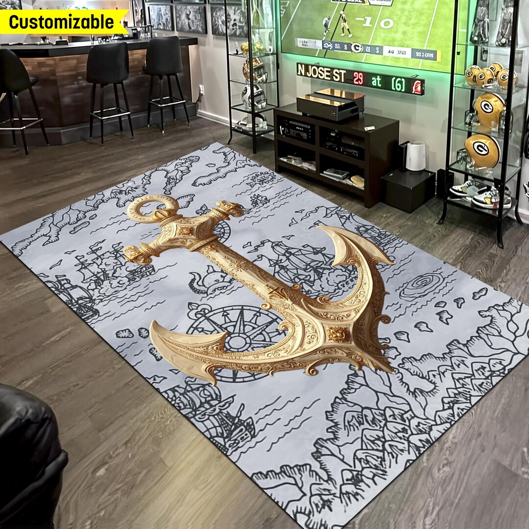 Nautical Rug, Yacht Rug, Anchor Rug, Motor Yacht Rug, Gold Anchor, Sail ...
