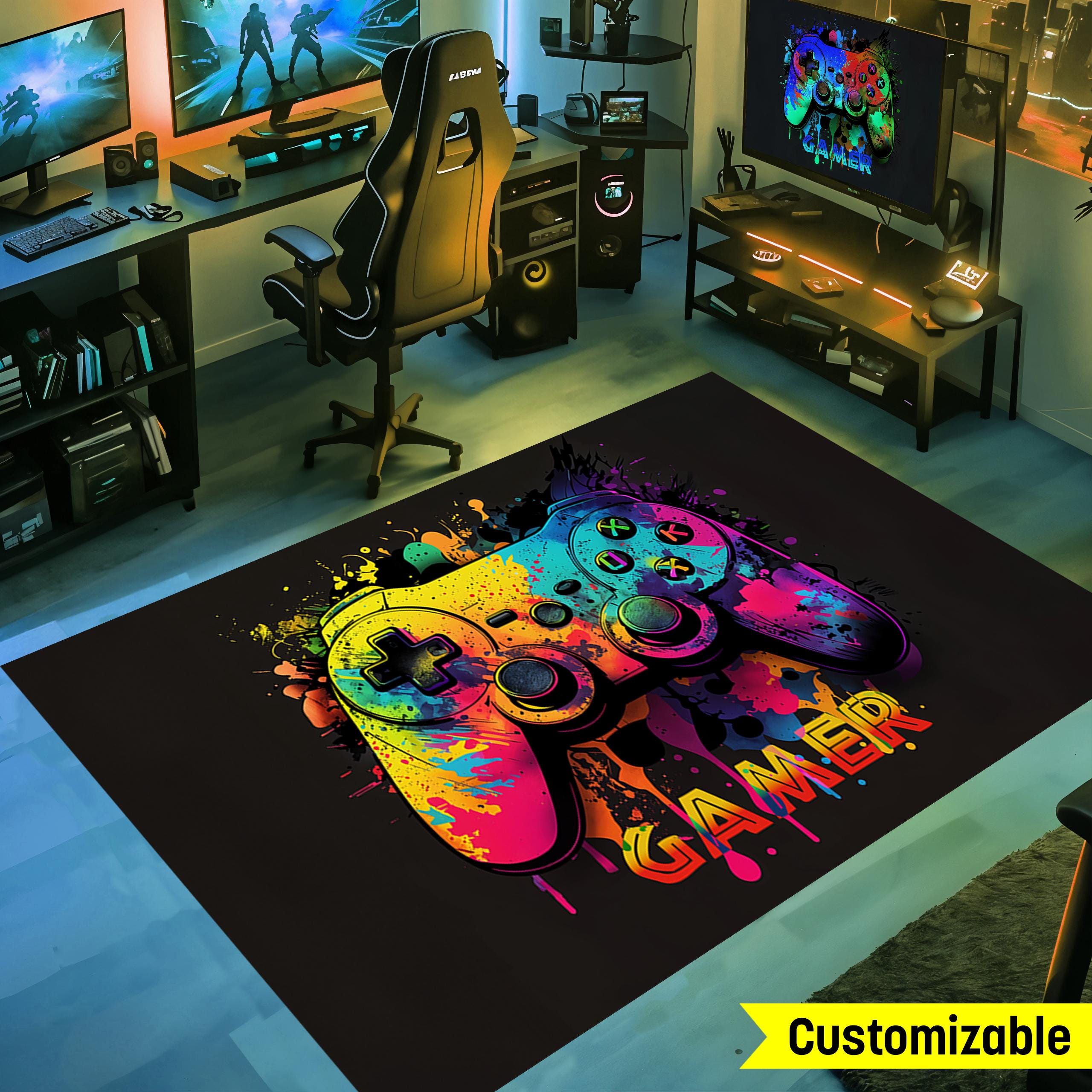 Rgb Gaming Rug Gamer Rug – Neon Graffiti Game Controller Area Rug, Gaming Room Decor ...