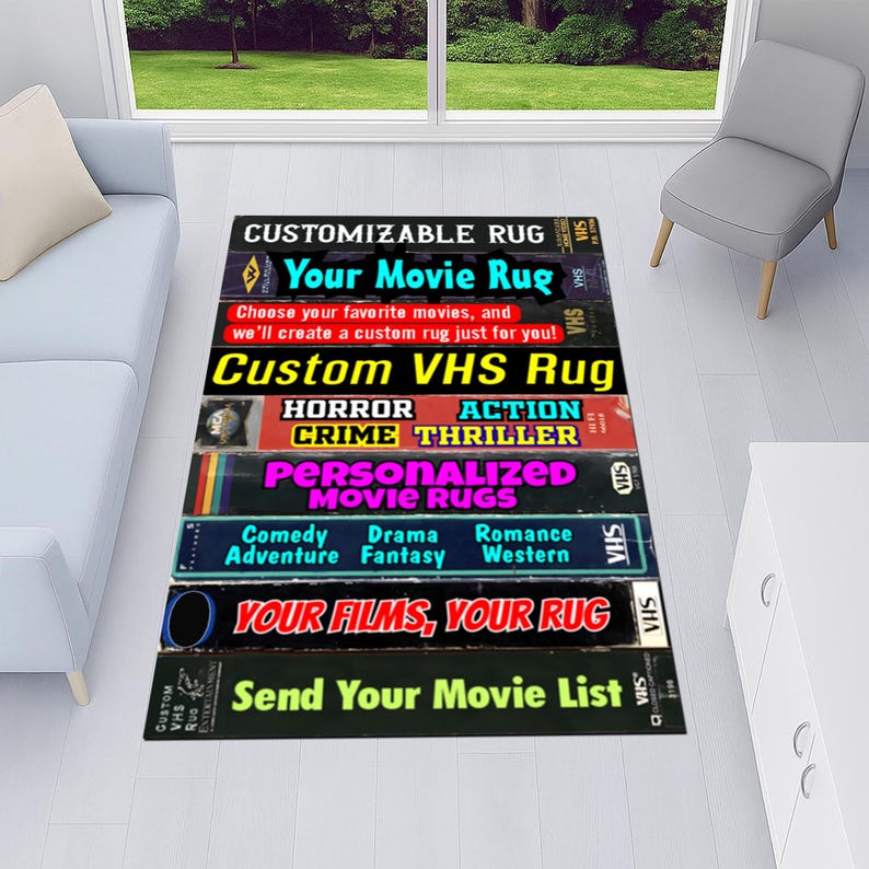 Dywan VHS na zamówienie, dywan VHS, dywan z okładką VHS, dywan z grzbietem VHS, dywan z lat 80., dywan nostalgiczny, dywan filmowy, spersonalizowany dywan filmowy, dywan popkulturowy, dywan vintage zdjęcie 1