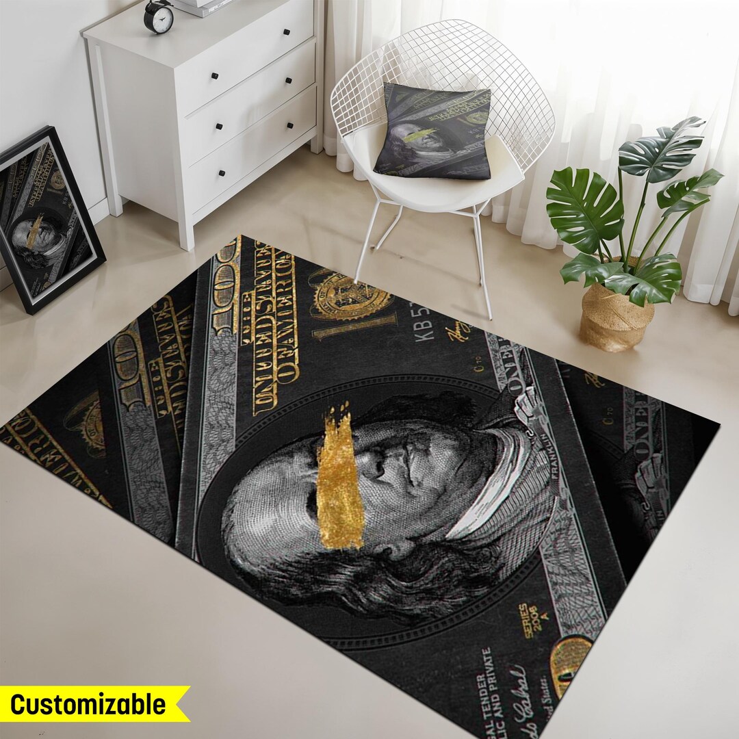 Money Wall Art Rugs, Dollar Bill Wall Art Rugs, Black and Gold Ben ...