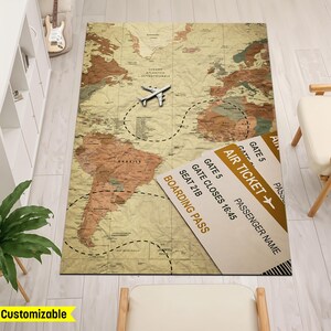 Tapis sur le thème du voyage, tapis billets d'avion, tapis carte du monde, tapis étiquette de bagage, cadeau voyageur, tapis Wanderlust, tapis avion, décoration de chambre esthétique, déco bohème