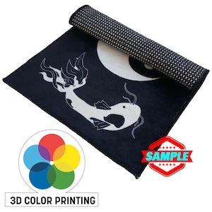 May include: Black and white rug with a yin yang symbol and a white fish design. The rug is rolled up and has a black and white patterned backing. The text "SAMPLE" is printed in red on a white hexagonal sticker. The text "3D COLOR PRINTING" is printed in black on a white background.
