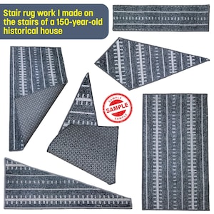 May include: A set of five gray and white patterned stair treads with a geometric design. The treads are shown in different configurations, including a straight, angled, and curved shape. The treads are made of a soft, durable material and are designed to provide a non-slip surface.