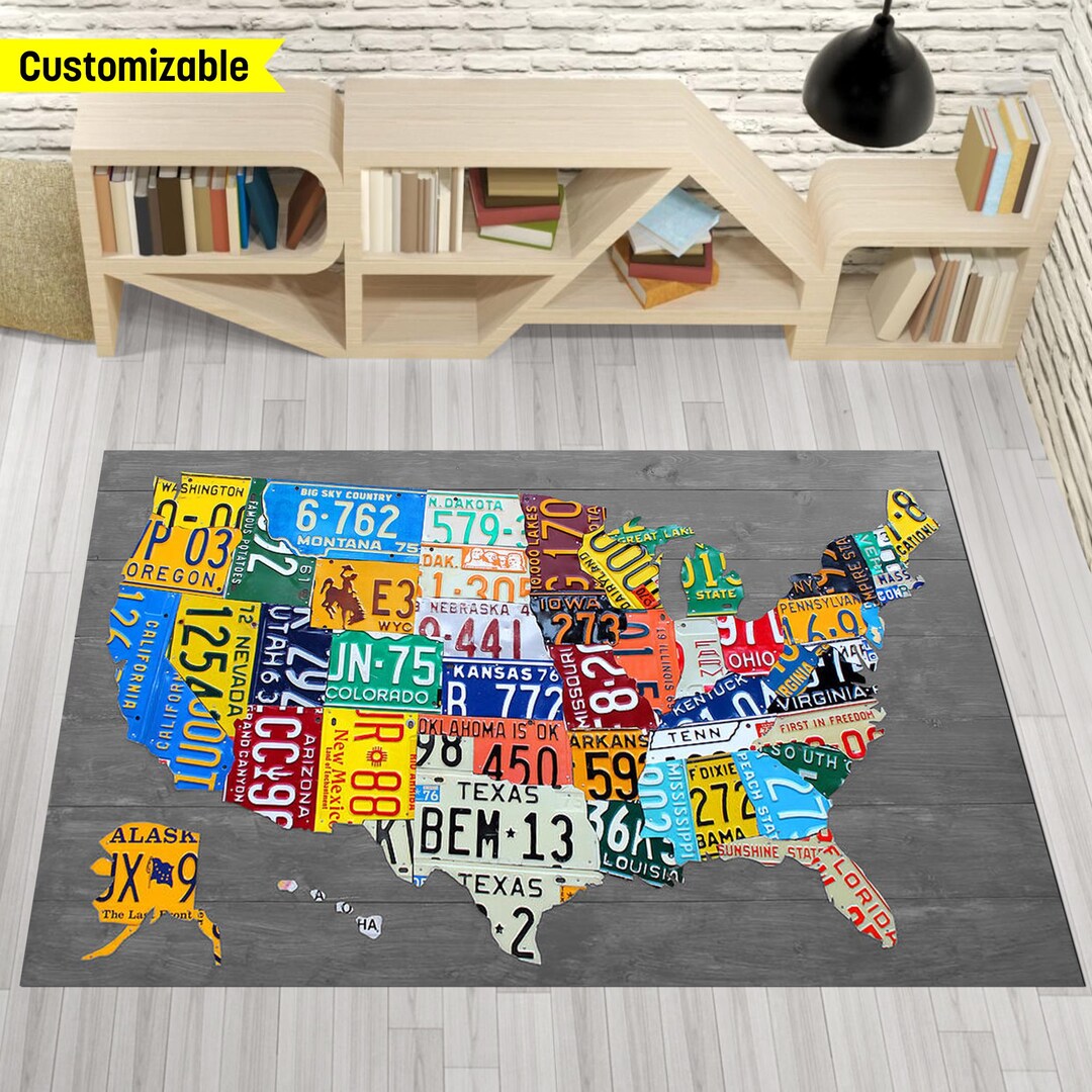 US License Plate Map Rug, All States Decor, Garage Carpet, American Map ...