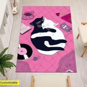 Cat Lover Gift Rug, Cute Cat Carpet,Floral Motifs Cat Rug, Custom Pet Portrait Rug, Easy To Clean Rug, , Girl&#39;s Room Rug, Cat Rug, Pink Rug