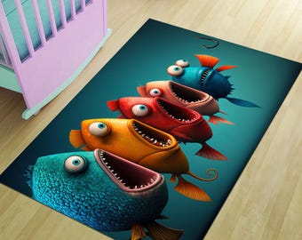 Underwater Fish Rug, Kids Room Ocean Theme Area Rug, Koi Fish Area Rug, Colorful Rug,Unique Kids Playroom Carpet,Personalised Fish Rug