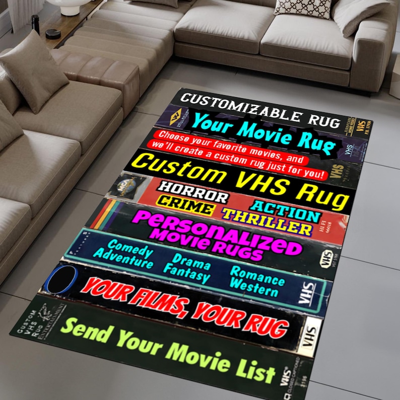 Dywan VHS na zamówienie, dywan VHS, dywan z okładką VHS, dywan z grzbietem VHS, dywan z lat 80., dywan nostalgiczny, dywan filmowy, spersonalizowany dywan filmowy, dywan popkulturowy, dywan vintage zdjęcie 15